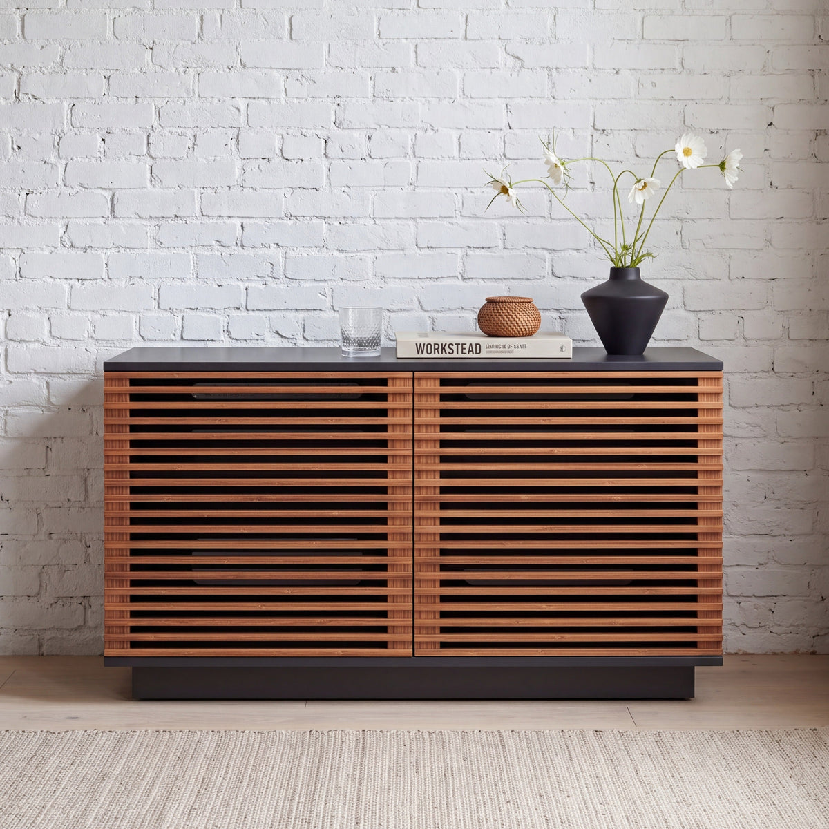 Greenington Rowan Media Center (48") in Amber bamboo, shown in a living room