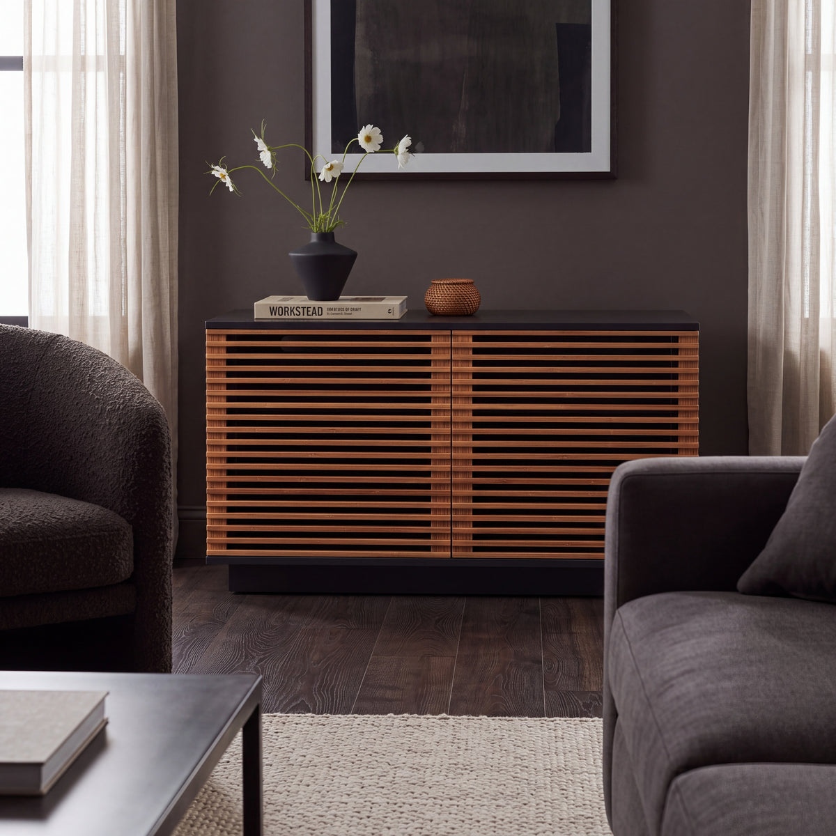 Greenington Rowan Media Center (48") in Amber bamboo, in a living room setting