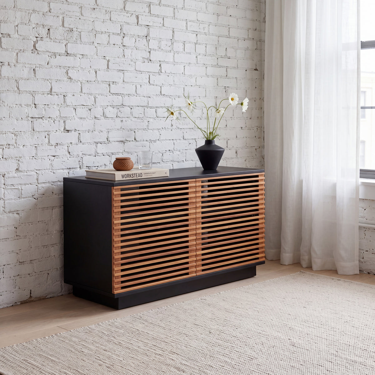 Greenington Rowan Media Center (48") in Amber bamboo, pictured in a living room