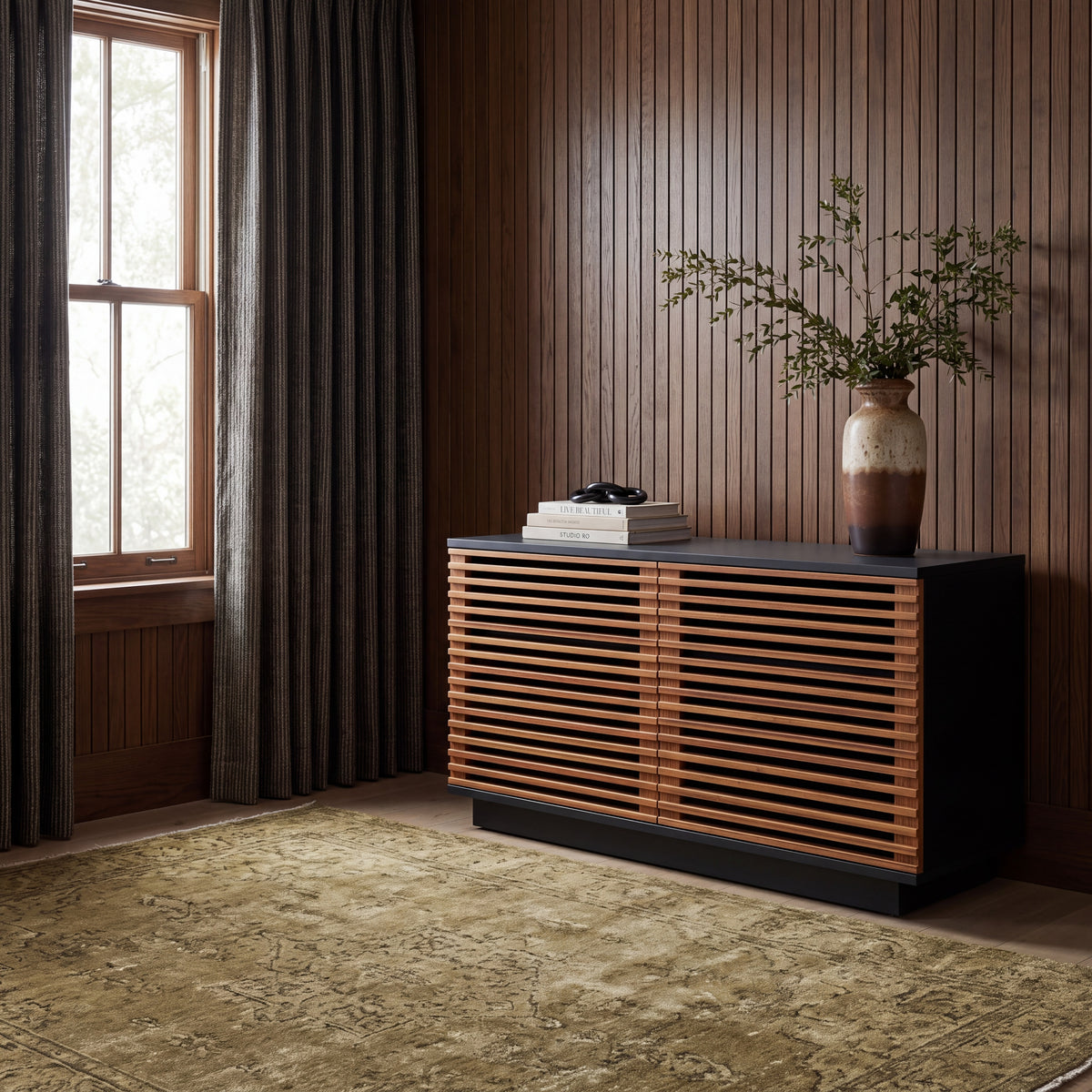 Greenington Rowan Media Center (48") in Amber bamboo, in a furnished living room
