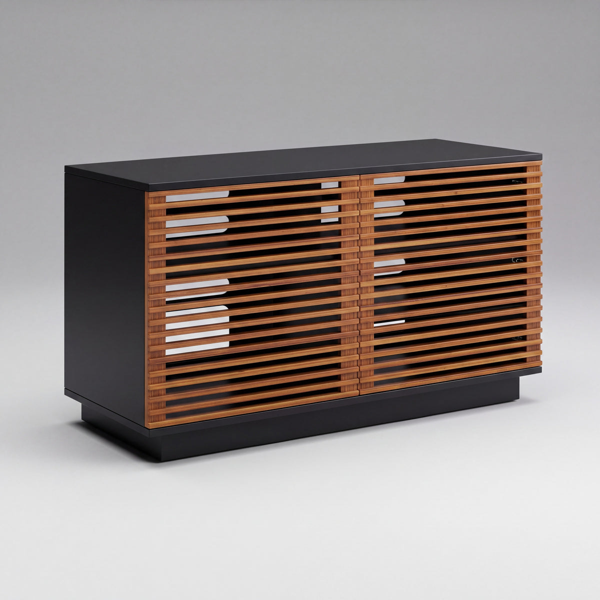 Greenington Rowan Media Center (48") in Amber bamboo, on a studio background