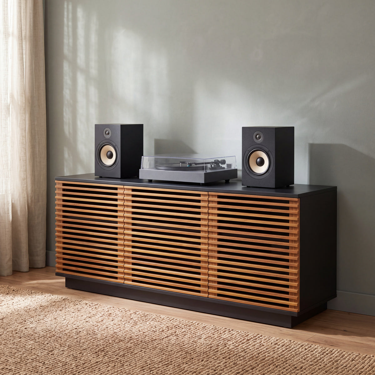 Greenington Rowan Media Center (64") in Amber bamboo, styled in a living room