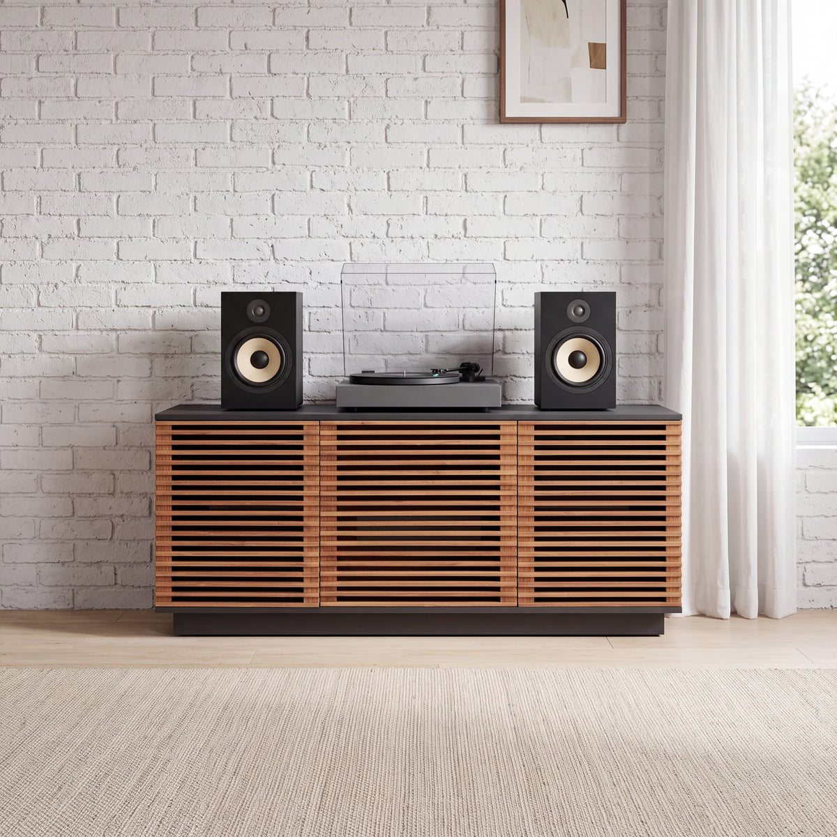 Greenington Rowan Media Center (64") in Amber bamboo, in a living room setting