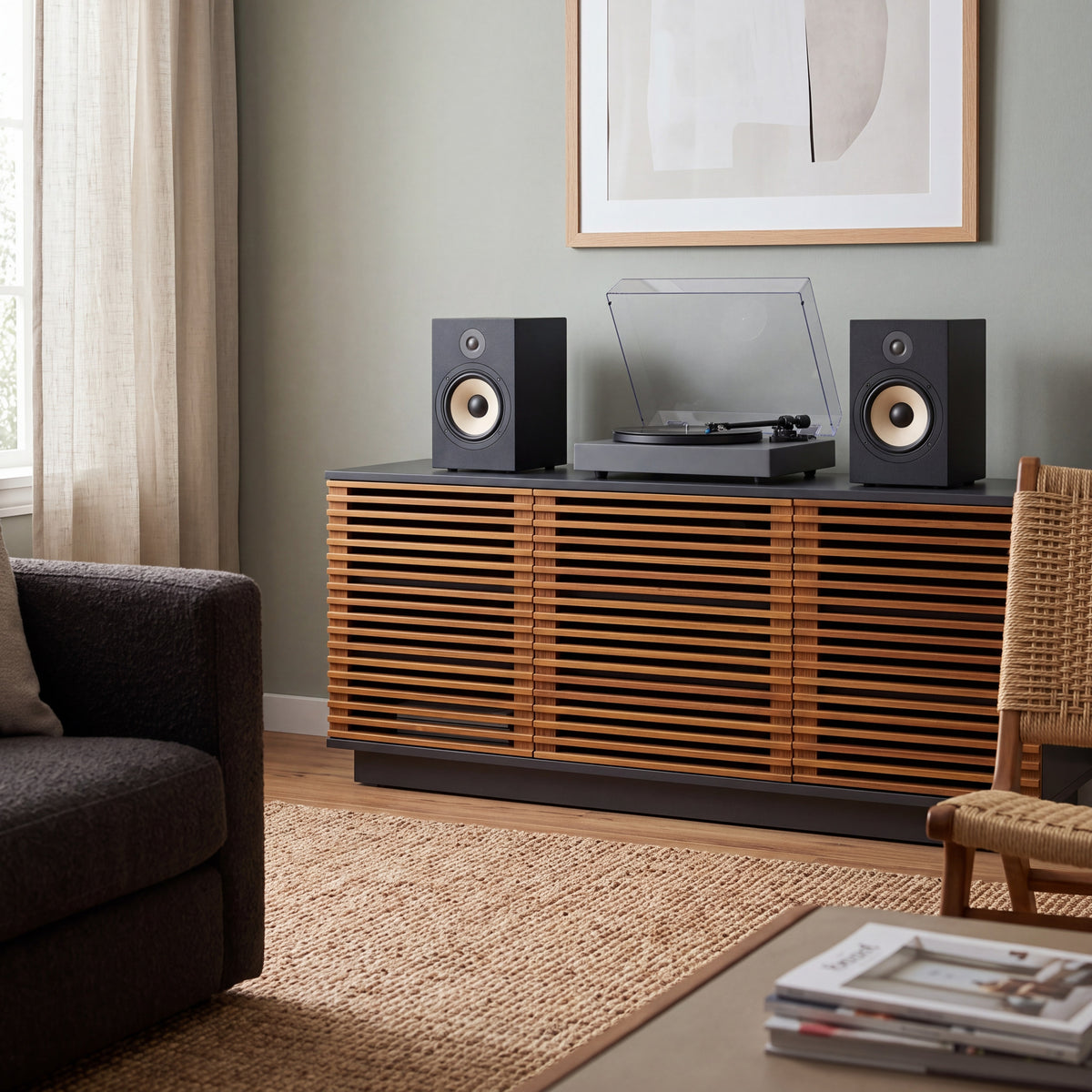 Greenington Rowan Media Center (64") in Amber bamboo, pictured in a living room
