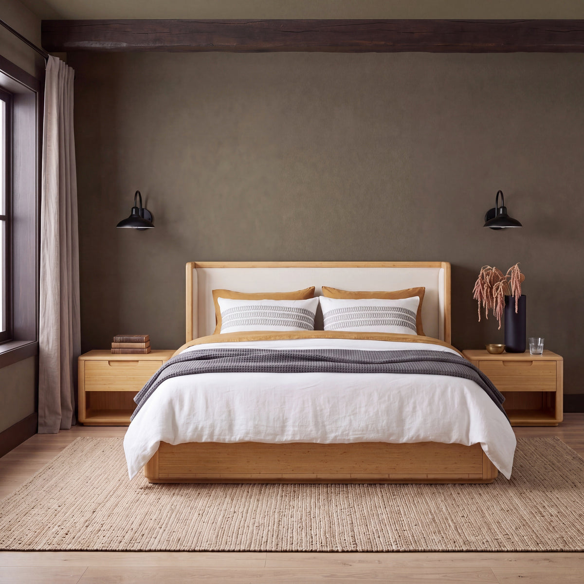 Greenington Sahara Platform Bed in Wheat bamboo, shown in a bedroom