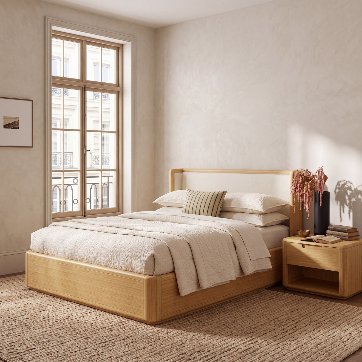 Greenington Sahara Platform Bed in Wheat bamboo, pictured in a bedroom