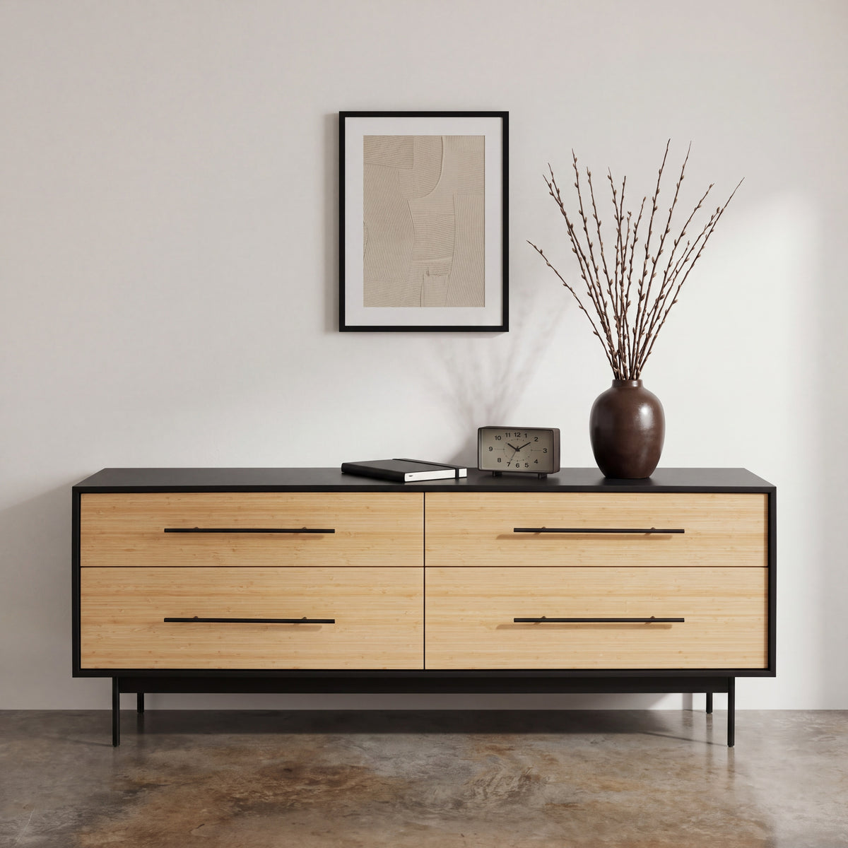 Greenington Santa Cruz Dresser in solid bamboo, styled in a bedroom