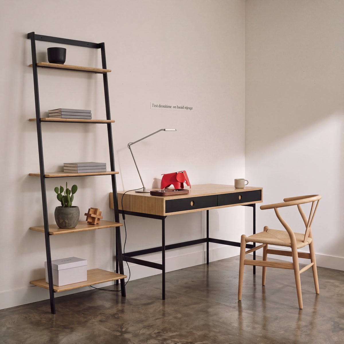 Santa Cruz leaning shelf in Wheat: five shelves on slim black steel uprights