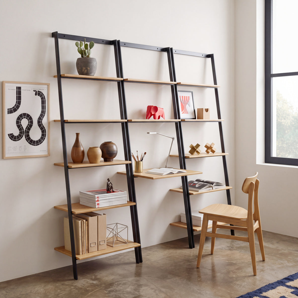 Greenington Santa Cruz Leaning Shelf in Wheat bamboo, styled in a home office