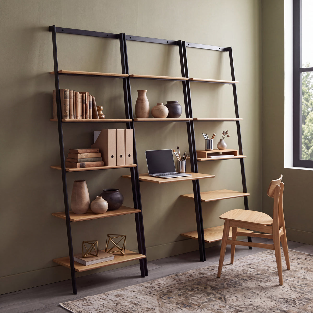 Greenington Santa Cruz Leaning Shelf in Wheat bamboo, pictured in a home office