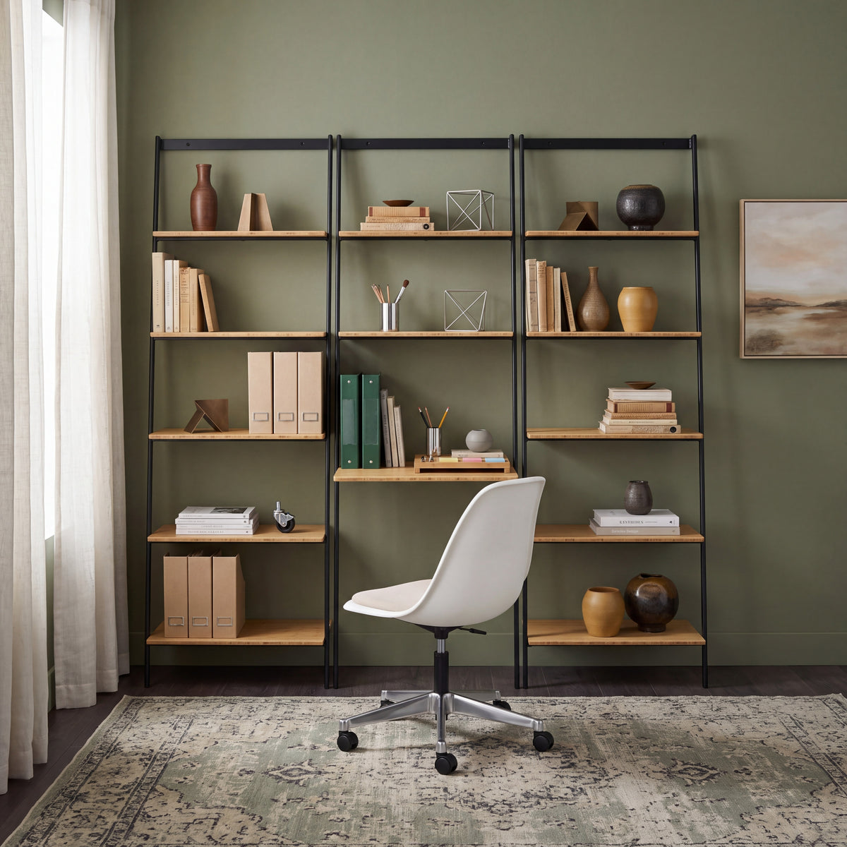 Greenington Santa Cruz Leaning Shelf in Wheat bamboo, in a furnished home office