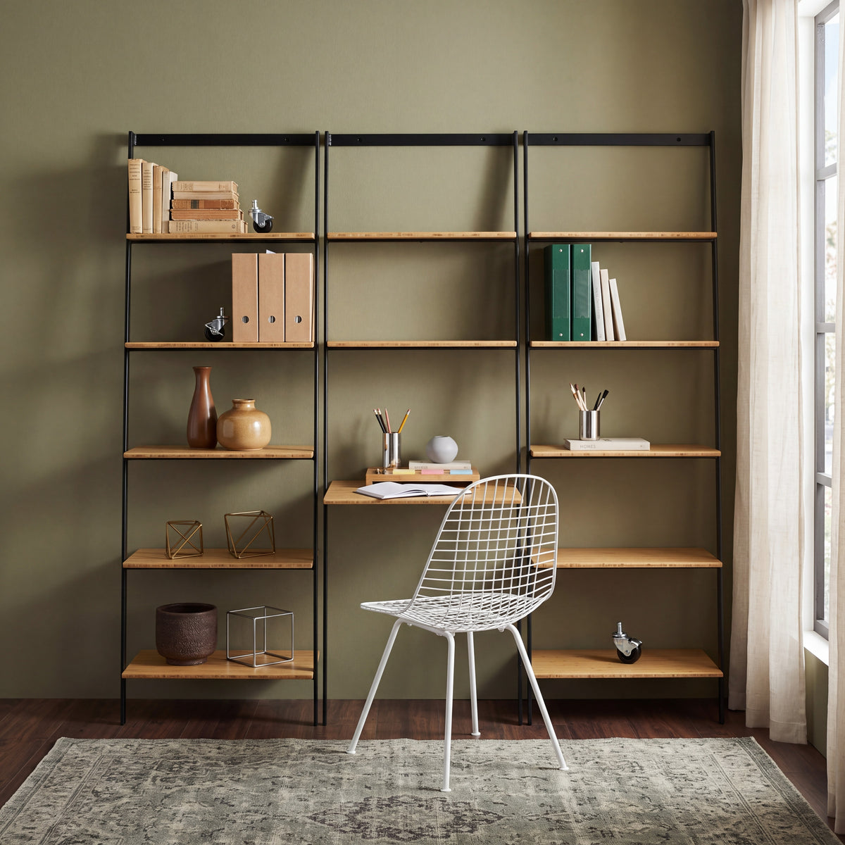 Greenington Santa Cruz Leaning Shelf in Wheat bamboo, styled in a home office