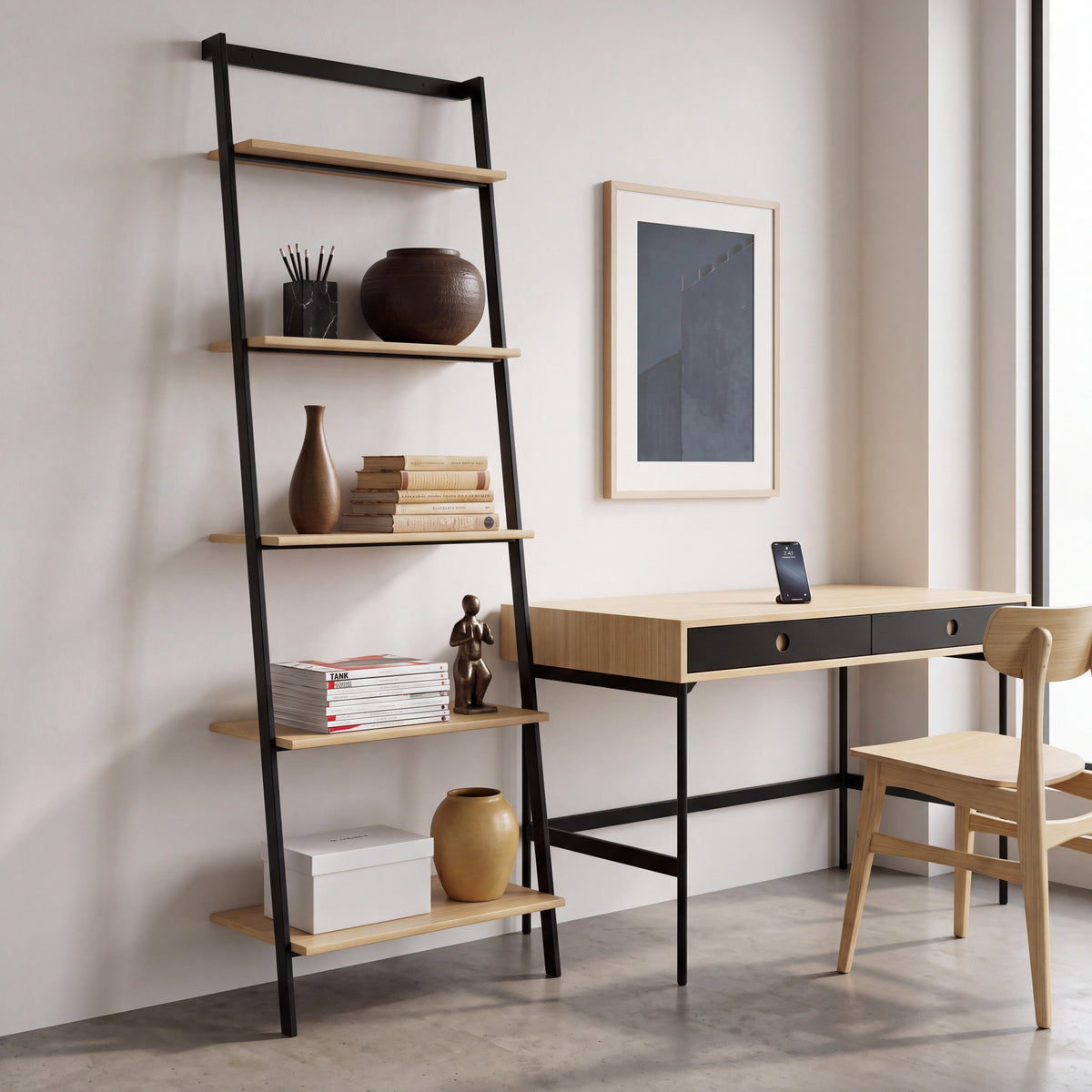 Greenington Santa Cruz Leaning Shelf in Wheat bamboo, shown in a home office