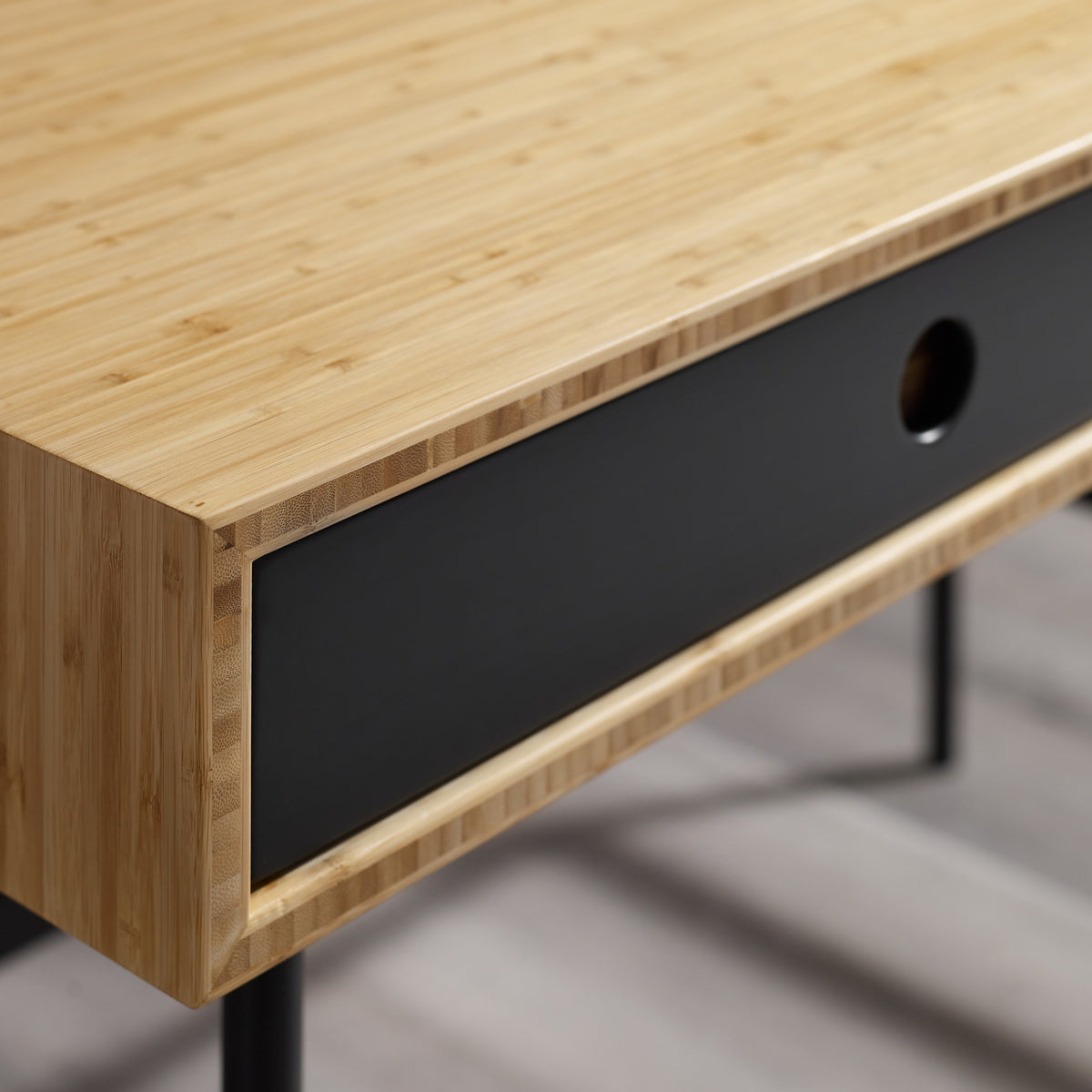 Close-up of the top and bamboo grain on the Greenington Santa Cruz Writing Desk in Wheat bamboo