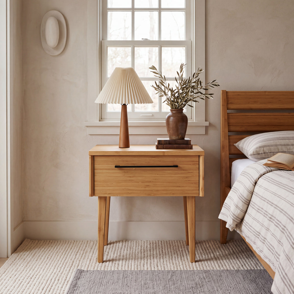 Greenington Sienna Nightstand in Caramelized bamboo, shown in a bedroom