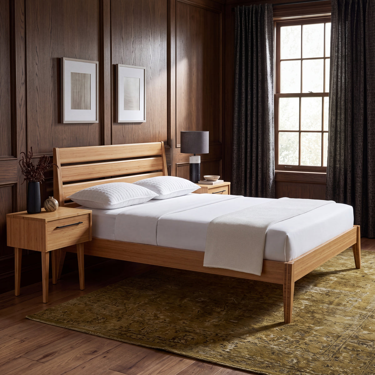 Greenington Sienna Platform Bed in Caramelized bamboo, pictured in a bedroom