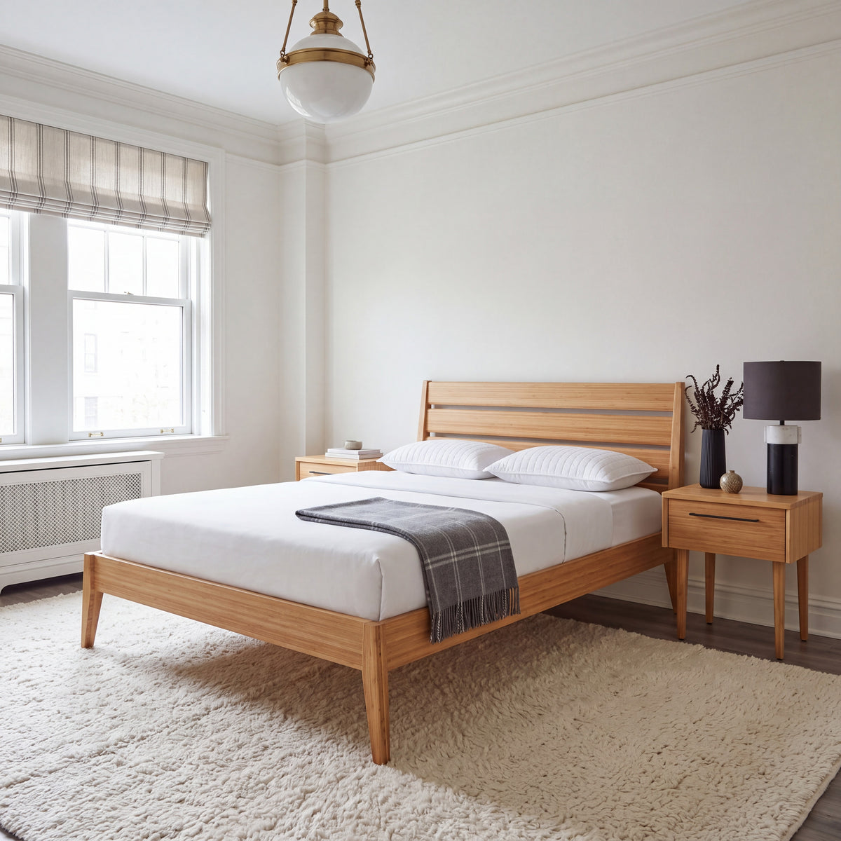 Greenington Sienna Platform Bed in Caramelized bamboo, styled in a bedroom