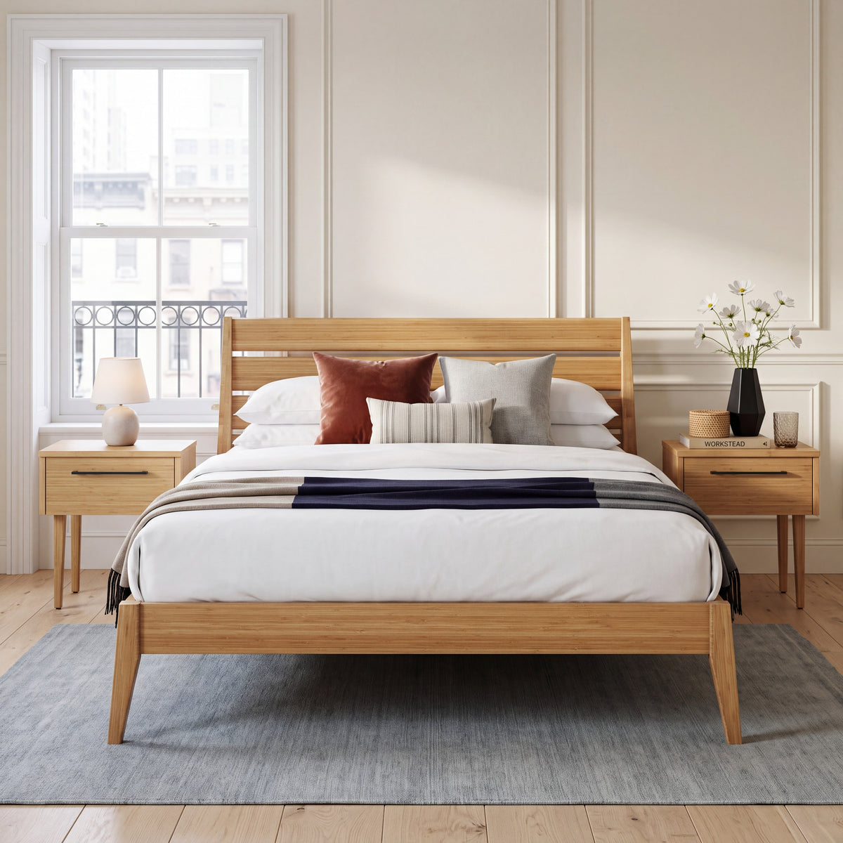 Greenington Sienna Platform Bed in Caramelized bamboo, styled in a bedroom