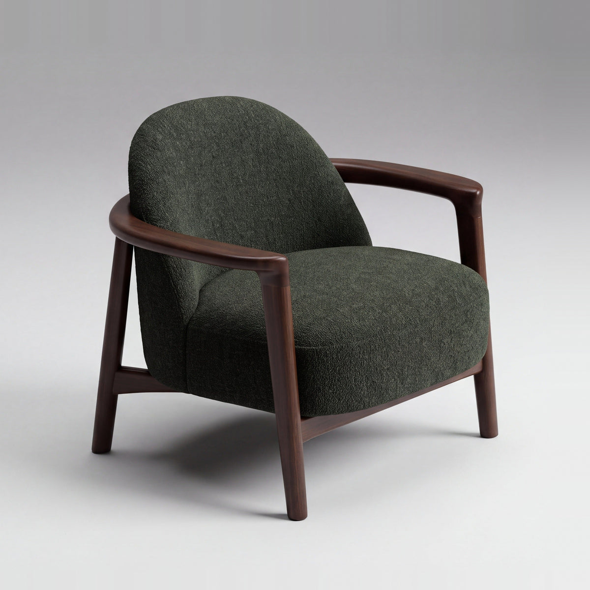 Greenington Skylar Lounge Chair in Black Walnut bamboo with Forest fabric, on a studio background