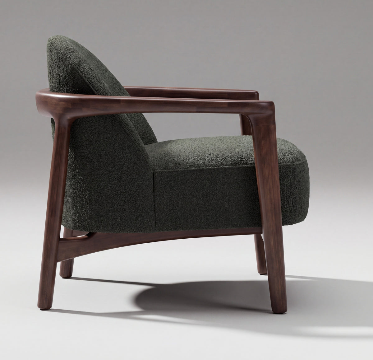 Greenington Skylar Lounge Chair in Black Walnut bamboo with Forest fabric, shown on a plain background