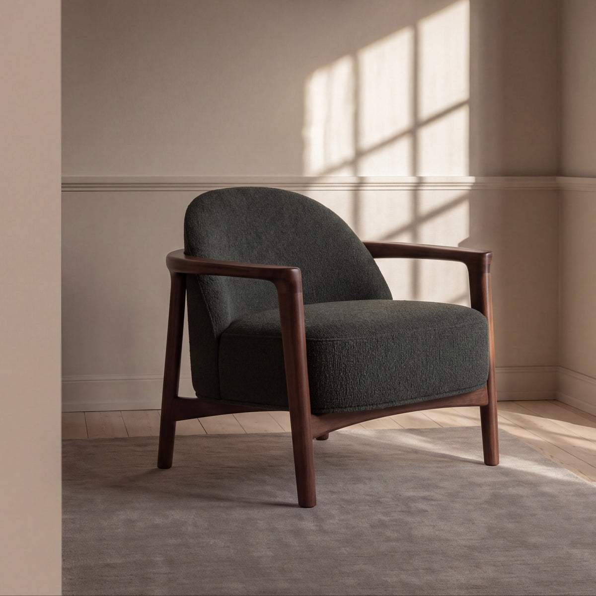 Greenington Skylar Lounge Chair in Black Walnut bamboo with Forest fabric, in a living room setting