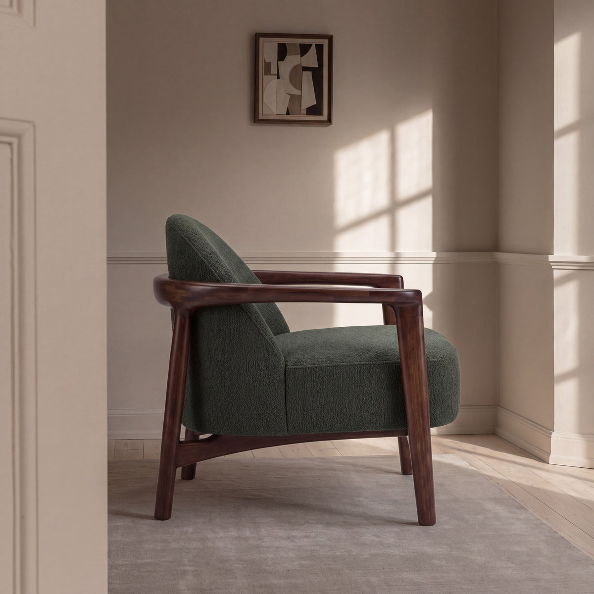 Greenington Skylar Lounge Chair in Black Walnut bamboo with Forest fabric, pictured in a living room