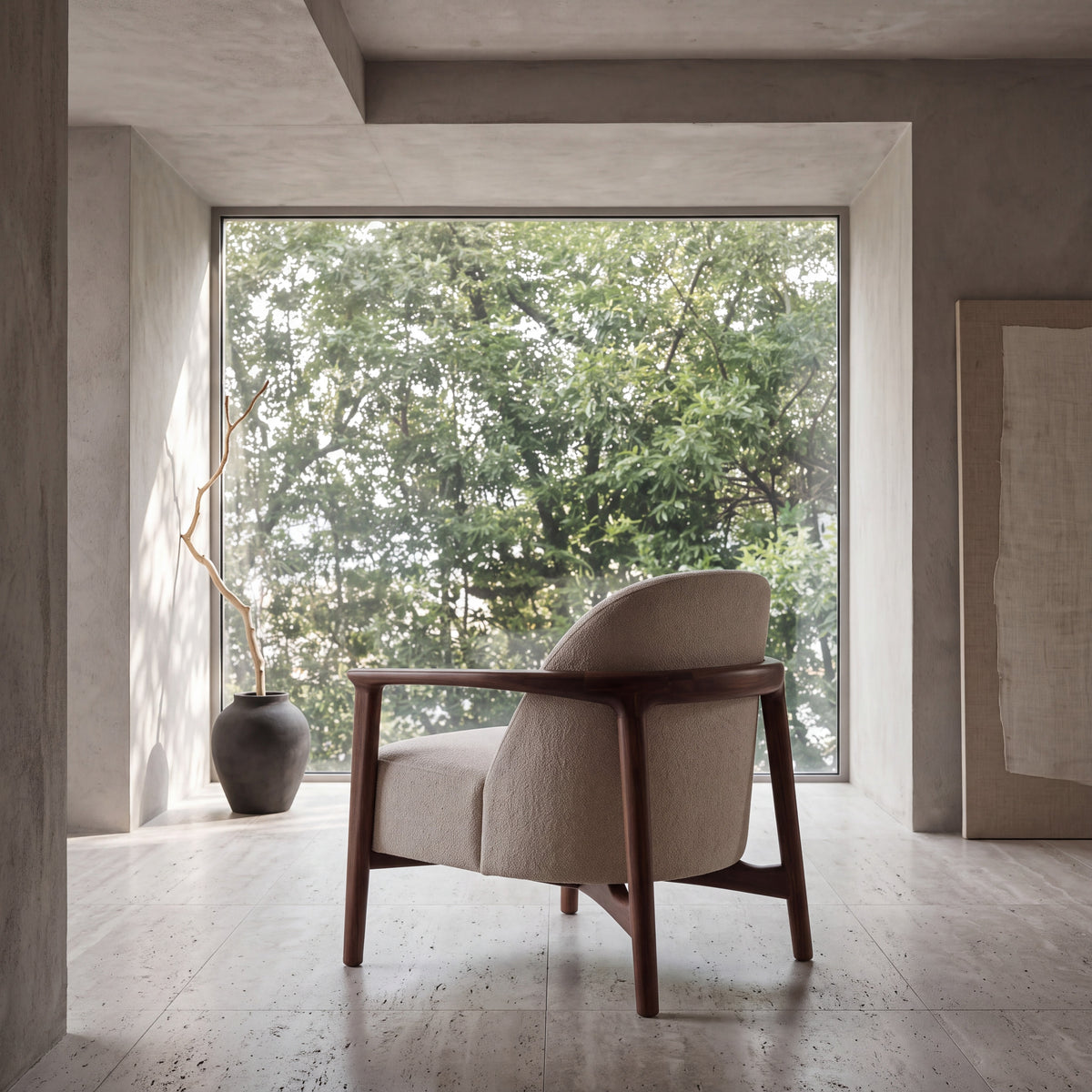Greenington Skylar Lounge Chair in Black Walnut bamboo with Pearl fabric, styled in a living room