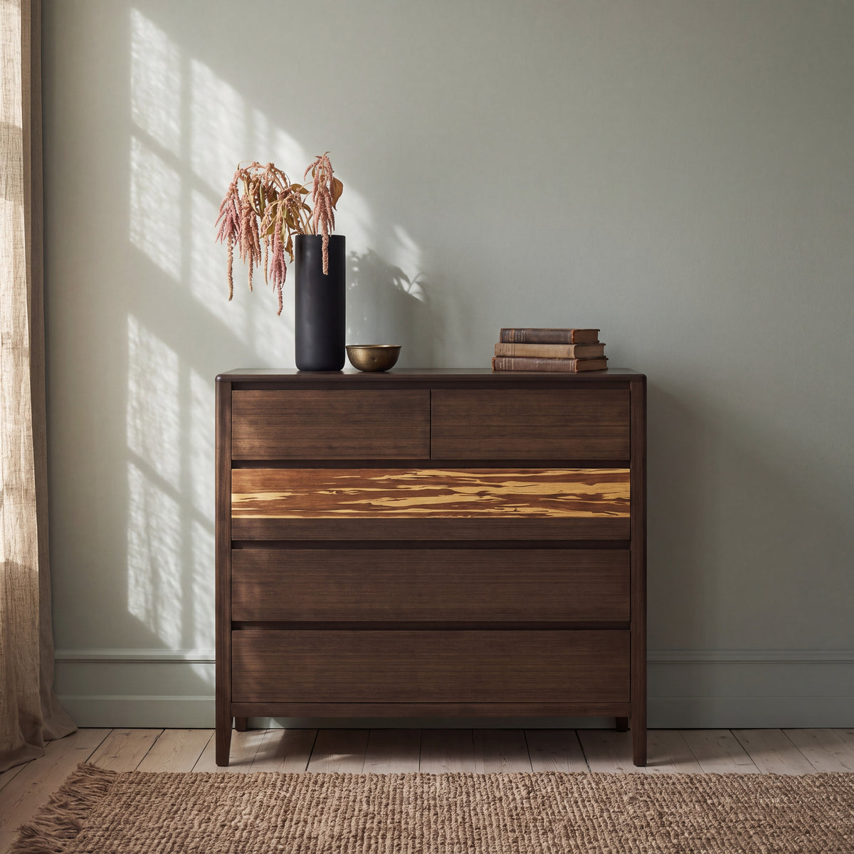 Greenington Sonoma Chest in Black Walnut bamboo, styled in a bedroom