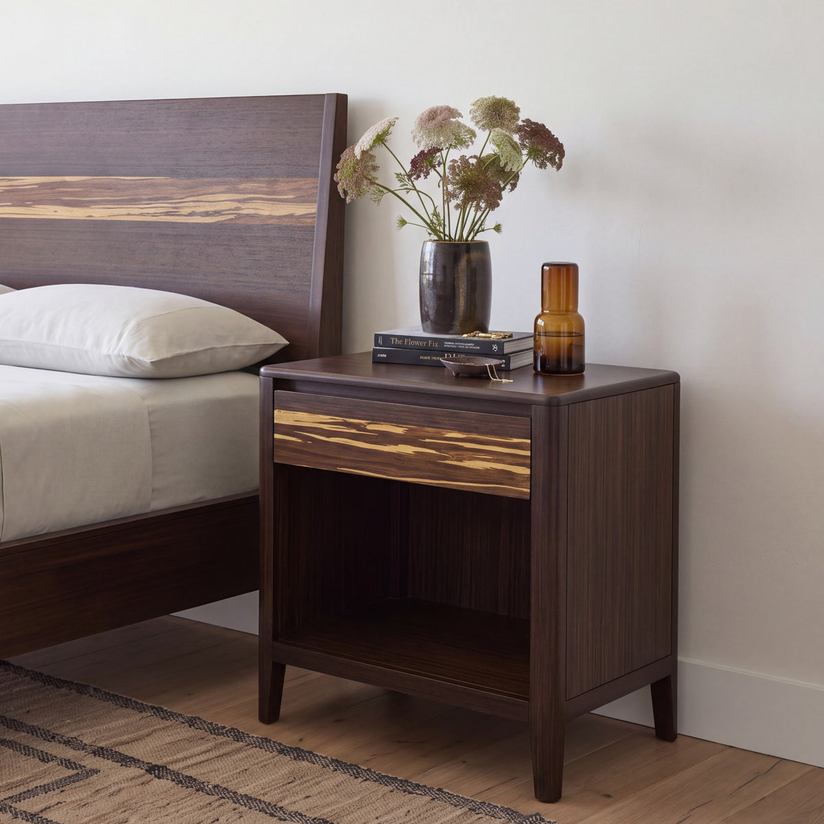 Greenington Sonoma Nightstand in Black Walnut bamboo, styled in a bedroom