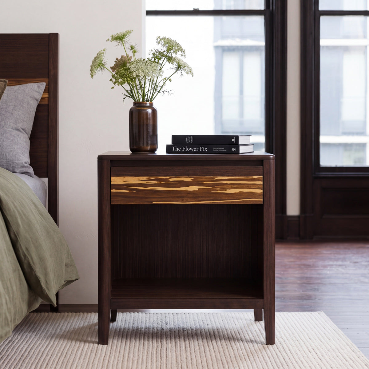 Greenington Sonoma Nightstand in Black Walnut bamboo, shown in a bedroom