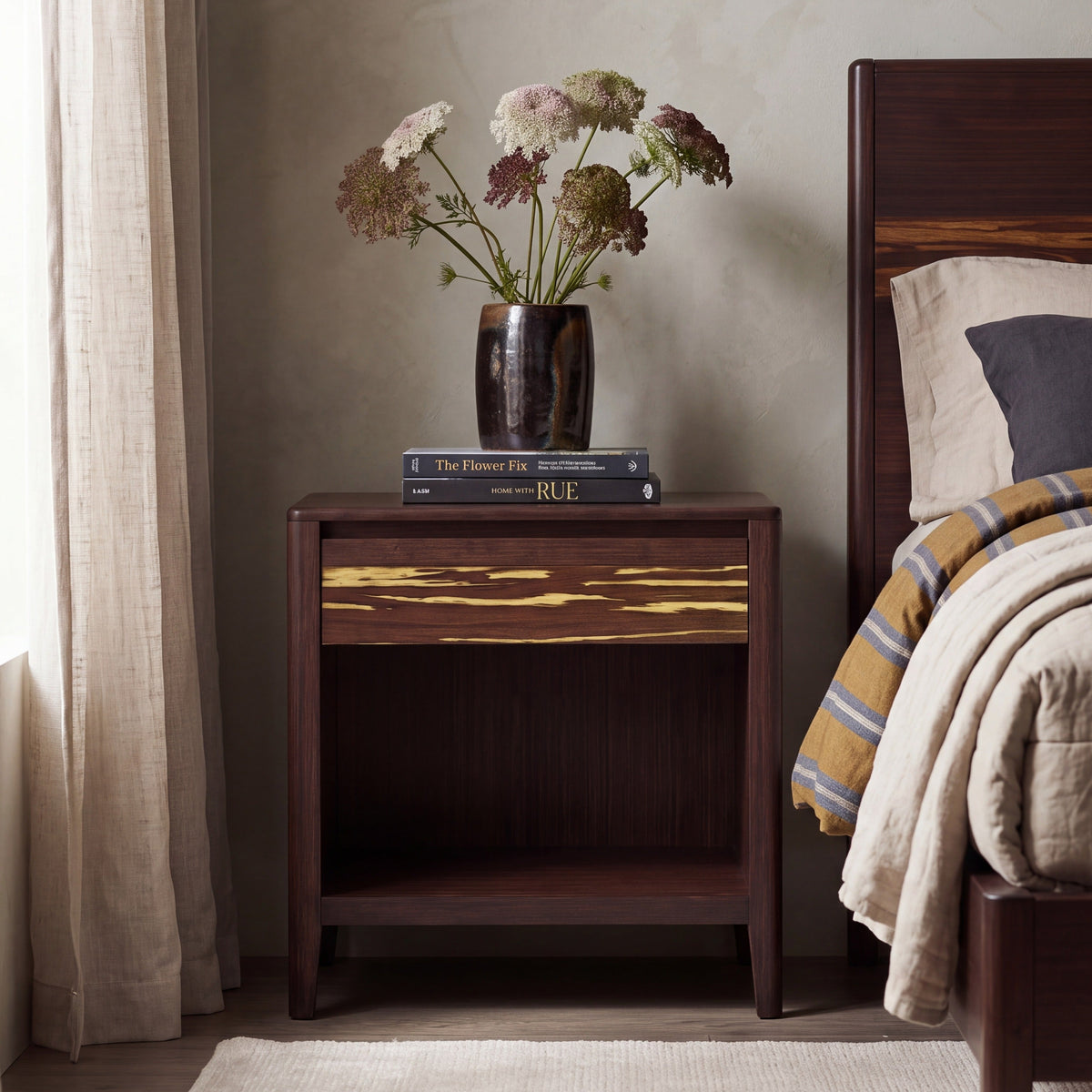 Greenington Sonoma Nightstand in Sable bamboo, styled in a bedroom
