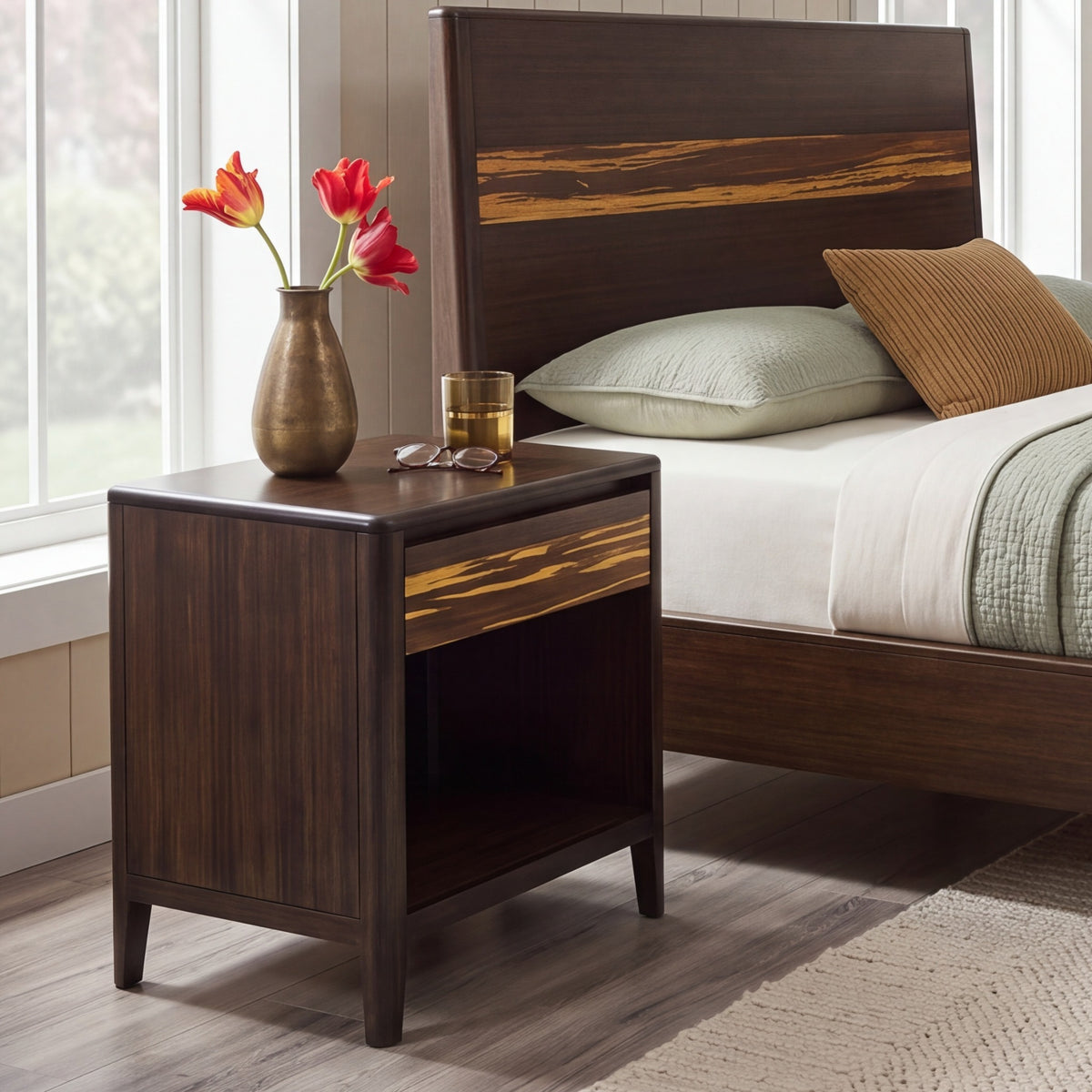 Greenington Sonoma Nightstand in Sable bamboo, pictured in a bedroom