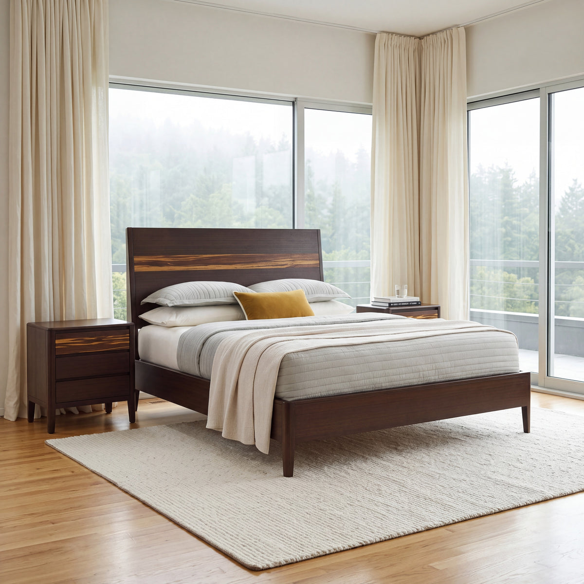 Greenington Sonoma Platform Bed in Black Walnut bamboo, styled in a bedroom