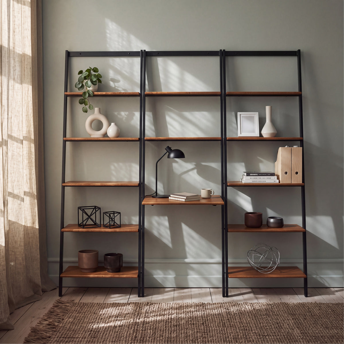 Greenington Studio Plus Leaning Shelf in Amber bamboo, shown in a home office