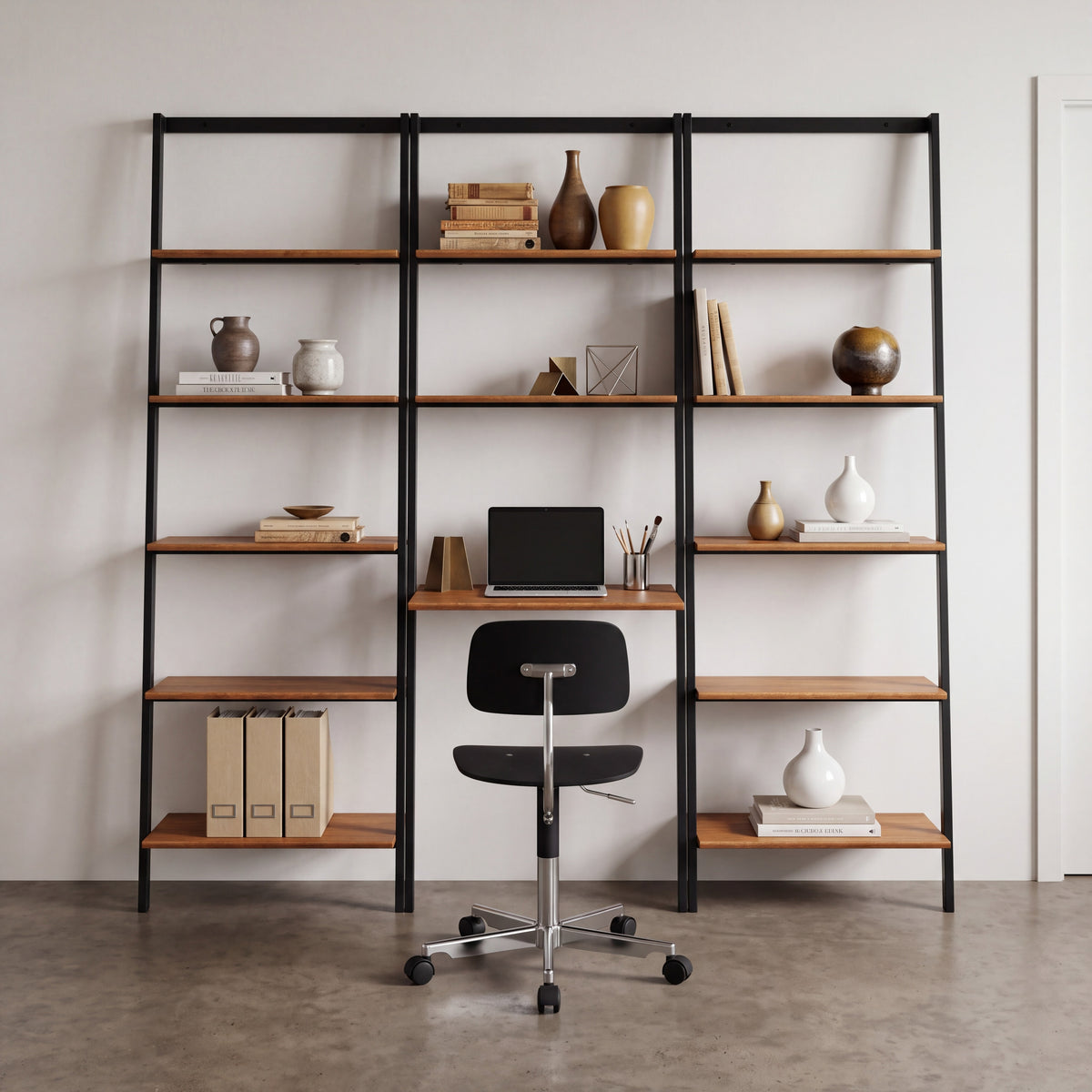 Greenington Studio Plus Leaning Shelf in Amber bamboo, styled in a home office