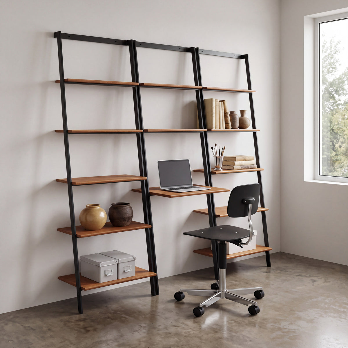 Greenington Studio Plus Leaning Shelf in Amber bamboo, in a home office setting