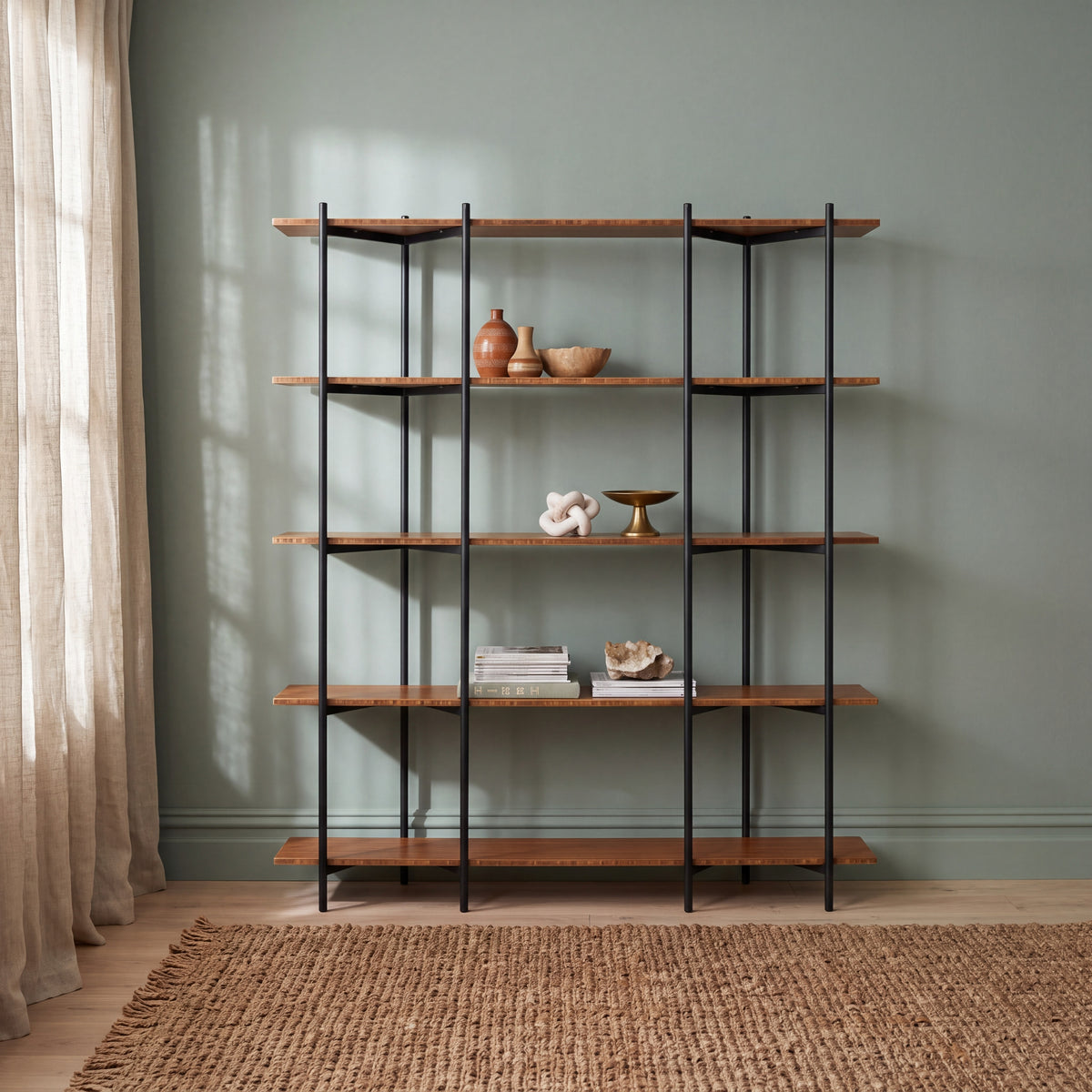 Greenington Studio Plus Metal Shelf in Amber bamboo, shown in a living room