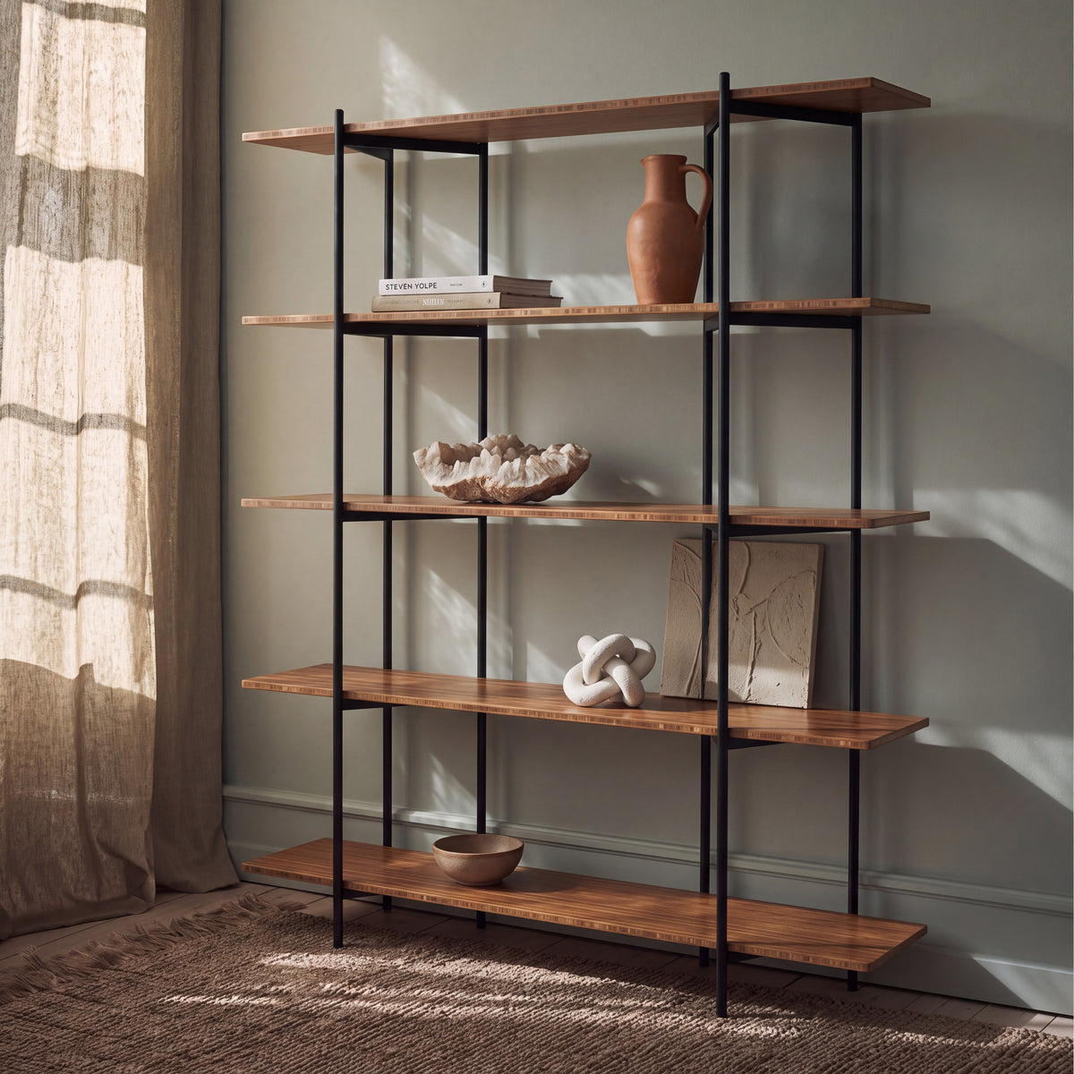 Greenington Studio Plus Metal Shelf in Amber bamboo, in a living room setting