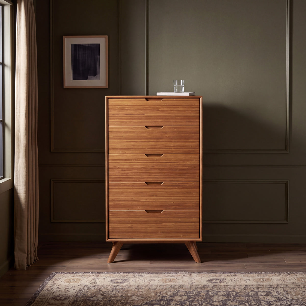 Greenington Summit Chest in Amber bamboo, styled in a bedroom