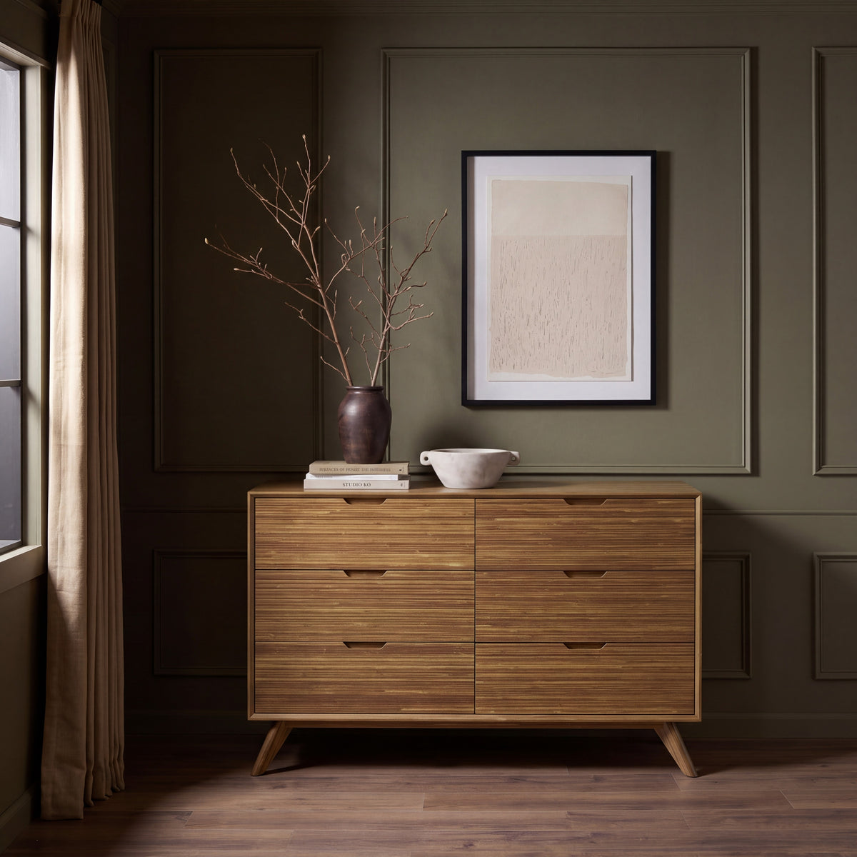 Greenington Summit Dresser in Amber bamboo, shown in a bedroom