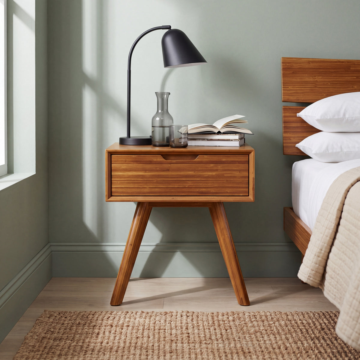 Greenington Summit Nightstand in Amber bamboo, styled in a bedroom