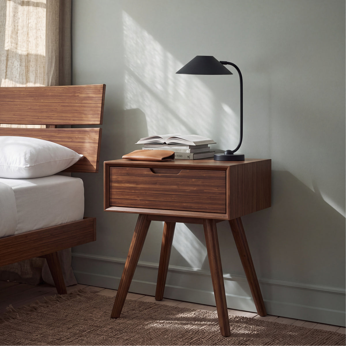 Greenington Summit Nightstand in Amber bamboo, in a bedroom setting