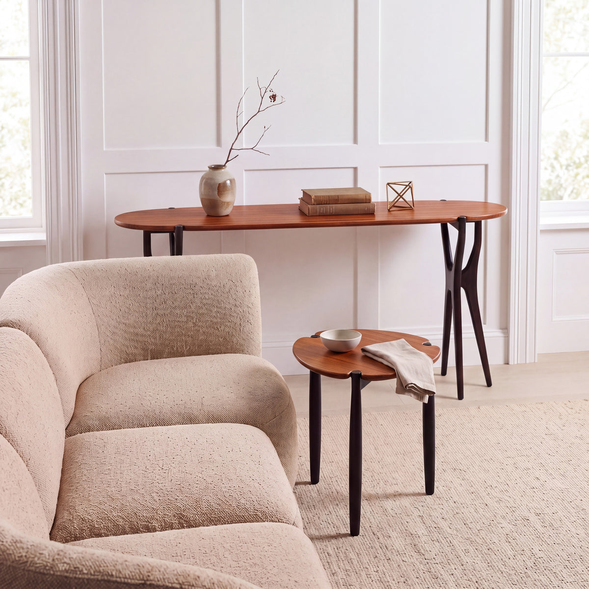 Greenington Tofino Console Table in Amber and Caviar bamboo, in a living room setting