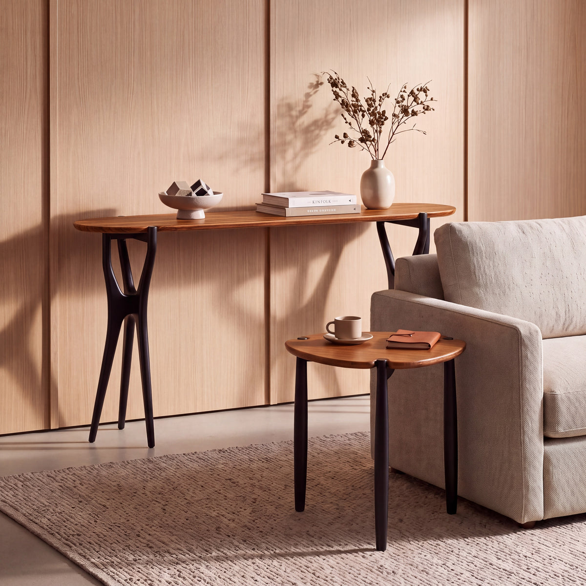 Tofino console table and side table in Amber/Caviar