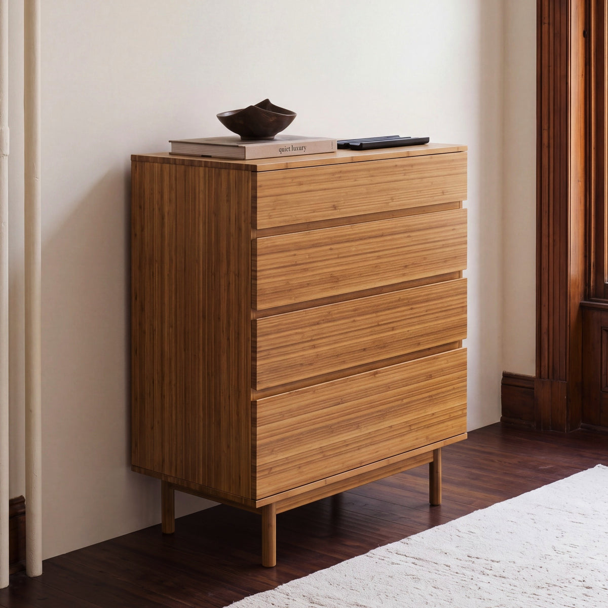 Greenington Ventura Chest in Amber bamboo, shown in a bedroom