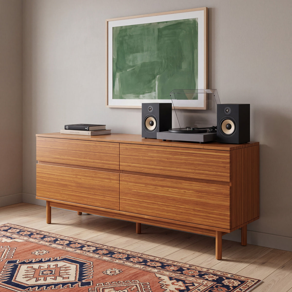 Greenington Ventura Dresser in Amber bamboo, shown in a bedroom