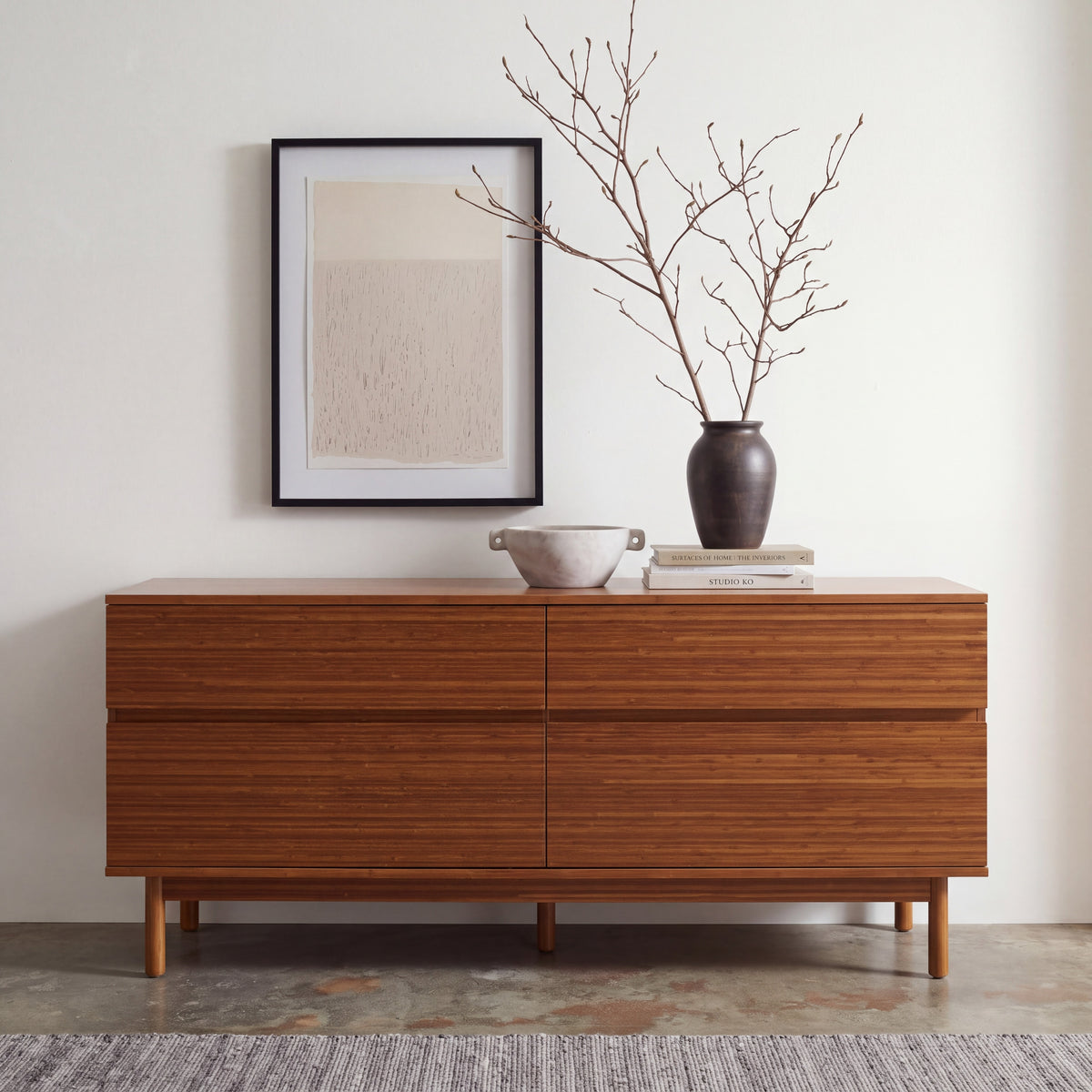 Greenington Ventura Dresser in Amber bamboo, styled in a bedroom
