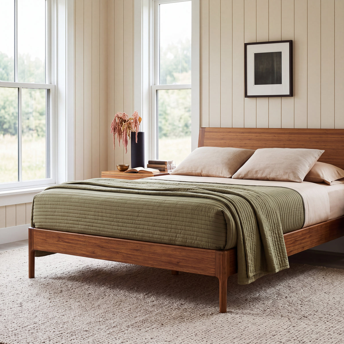 Greenington Ventura Platform Bed in Amber bamboo, styled in a bedroom