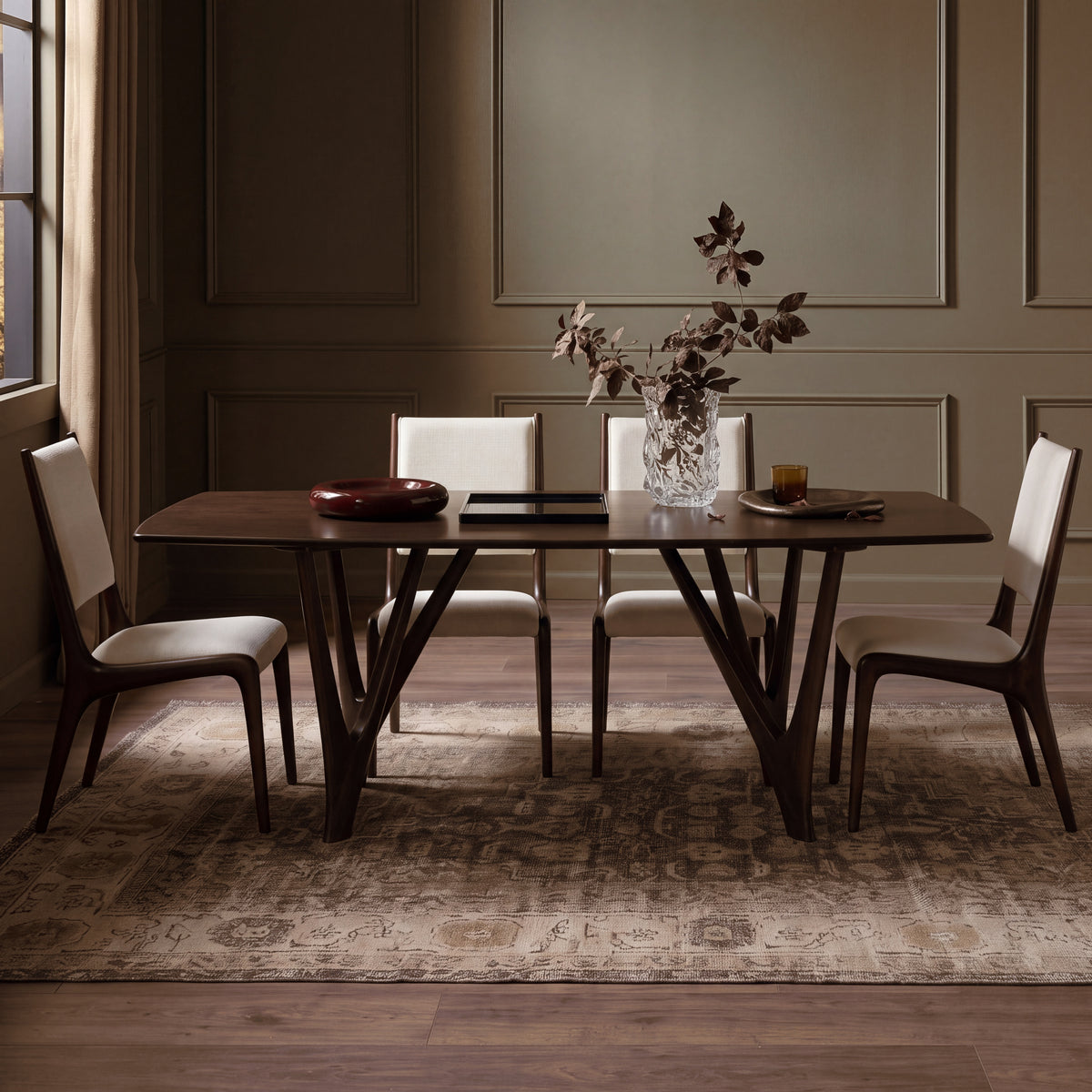 Greenington Vetra Dining Table in Black Walnut bamboo, styled in a dining room
