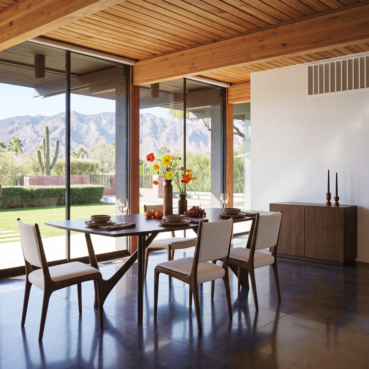 Greenington Vetra Dining Table in Black Walnut bamboo, styled in a dining room